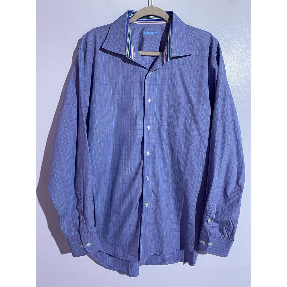 J McLaughlin Shirt Mens XL Blue Red Grid Check Plaid Preppy Business Office
